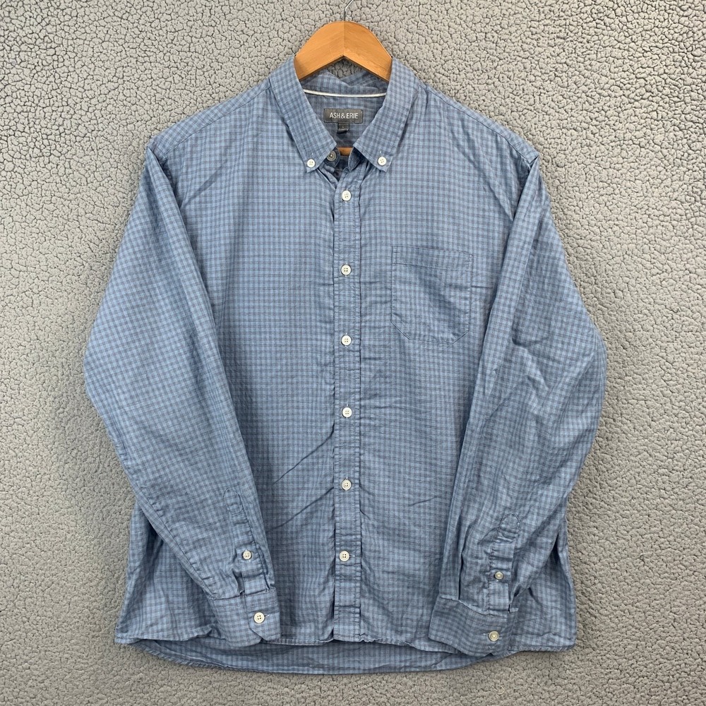 ASH & ERIE Men's Blue Gingham Casual Button-Down Shirt L 100% Cotton Classic Fit